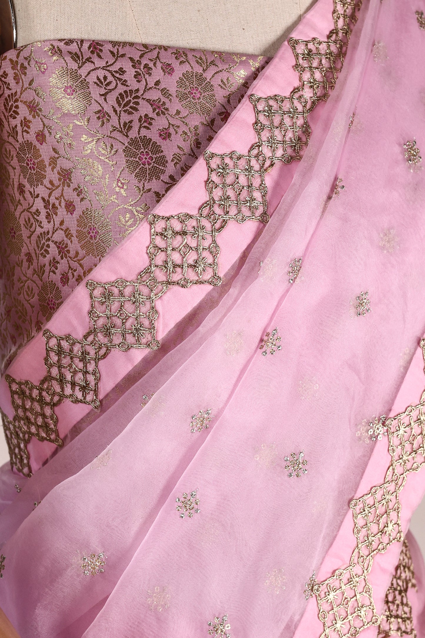 Baby Pink Organza Saree with Mukesh Work, Lace Borders & Tassel Detailing
