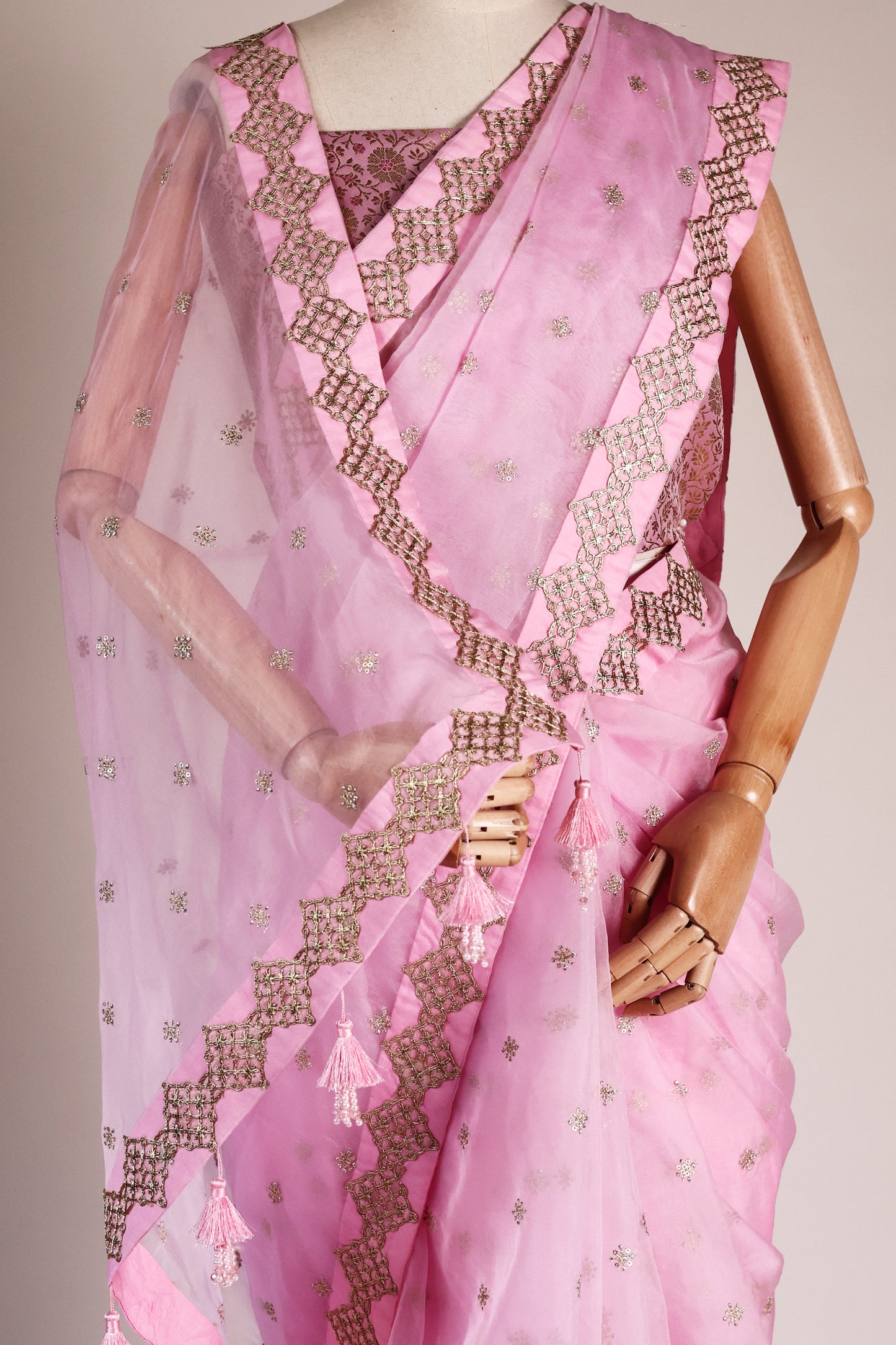 Baby Pink Organza Saree with Mukesh Work, Lace Borders & Tassel Detailing
