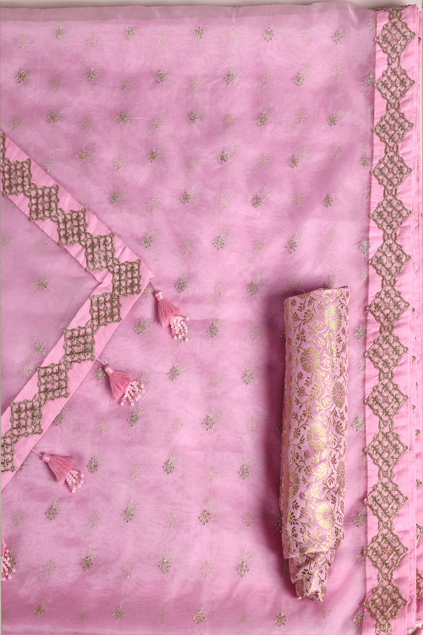 Baby Pink Organza Saree with Mukesh Work, Lace Borders & Tassel Detailing