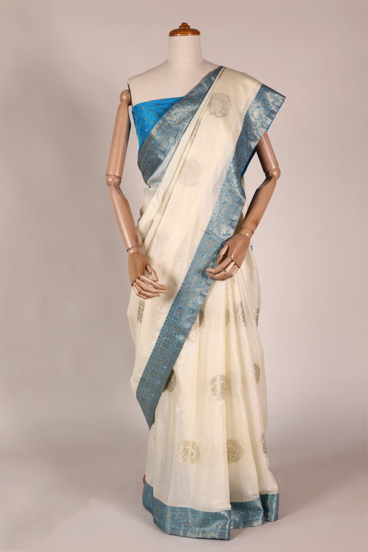 Off‑White & Sky Blue Banarasi Art Silk Saree with Intricate Weave, Brocade Facing & Zari Tassels
