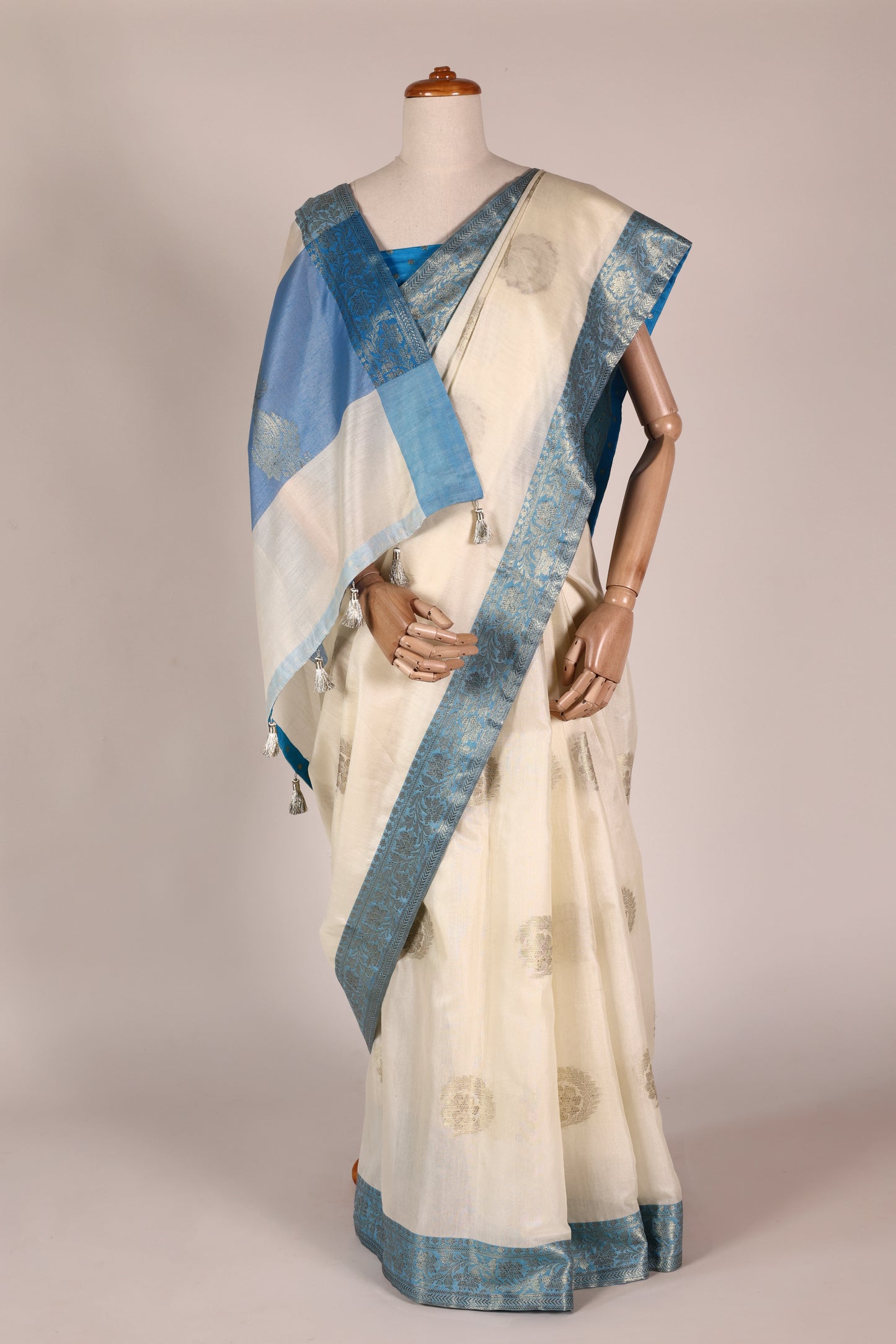 Off‑White & Sky Blue Banarasi Art Silk Saree with Intricate Weave, Brocade Facing & Zari Tassels