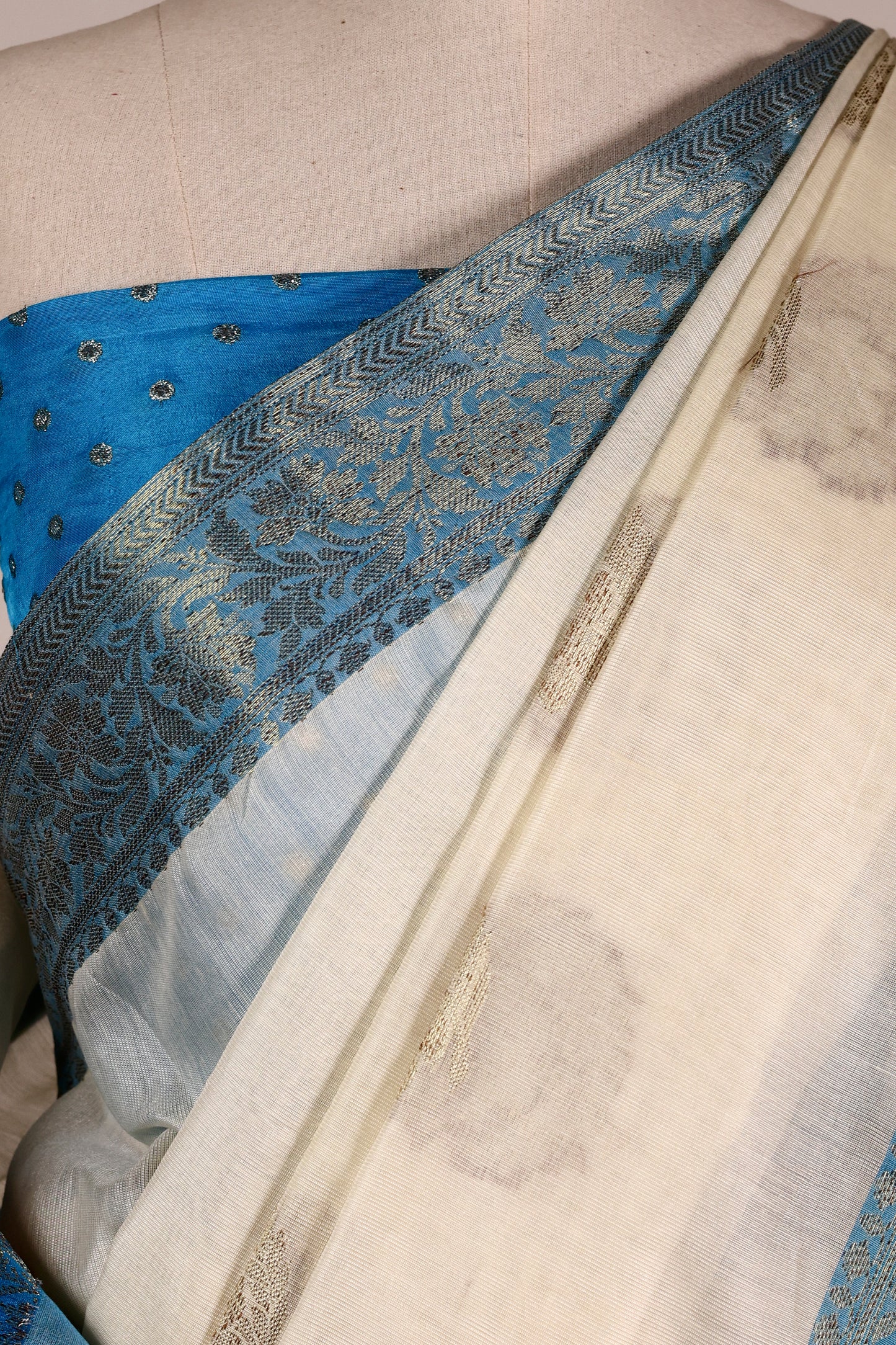 Off‑White & Sky Blue Banarasi Art Silk Saree with Intricate Weave, Brocade Facing & Zari Tassels