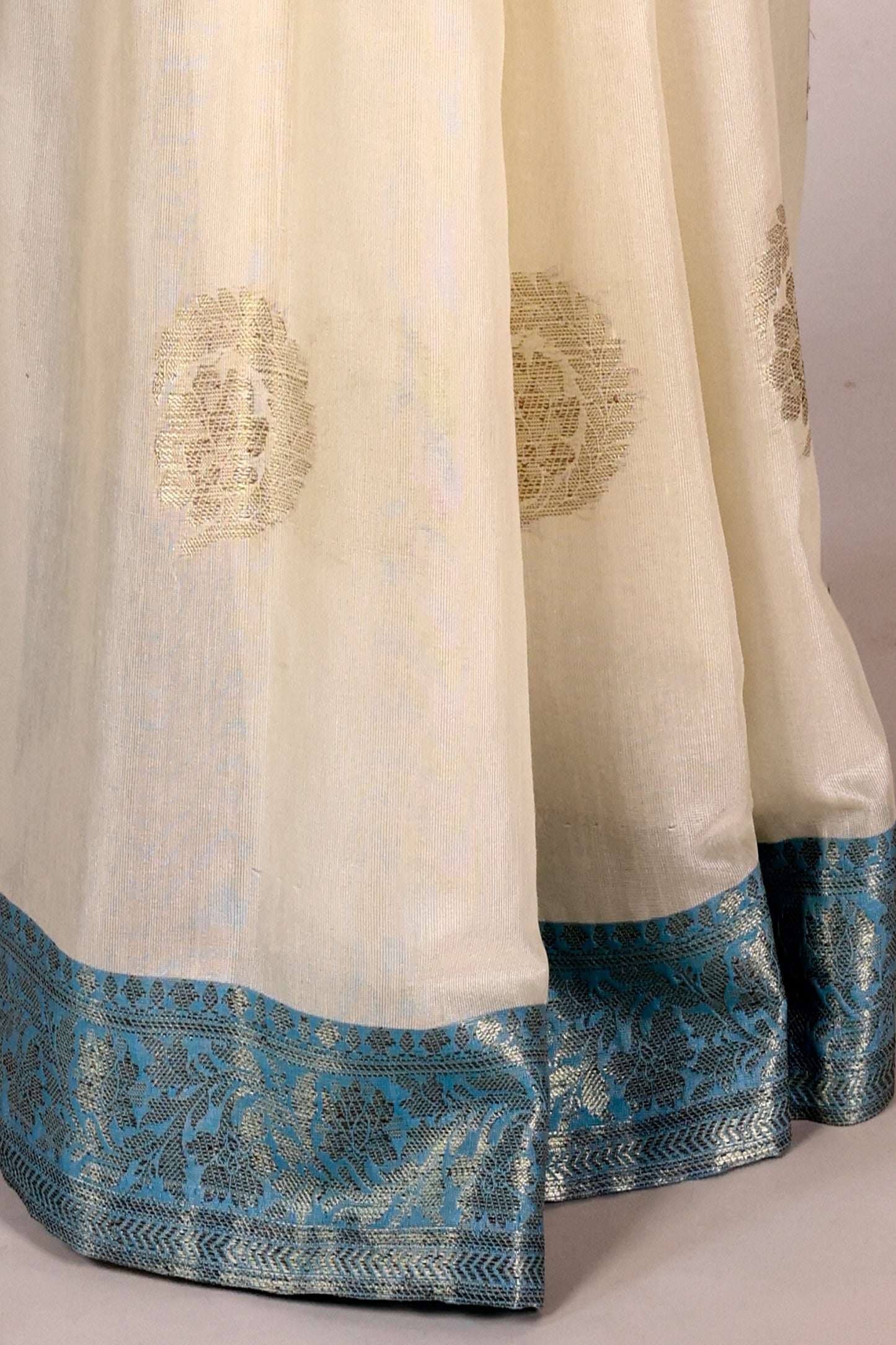 Off‑White & Sky Blue Banarasi Art Silk Saree with Intricate Weave, Brocade Facing & Zari Tassels