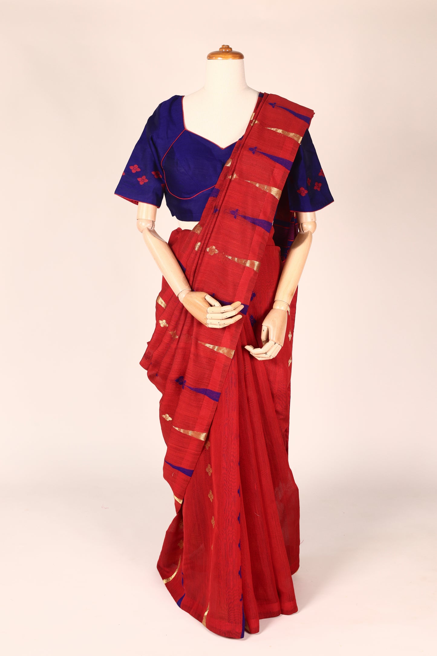 Red & Ink Blue Jamdani Chanderi Saree with Zari and Bead Tassels