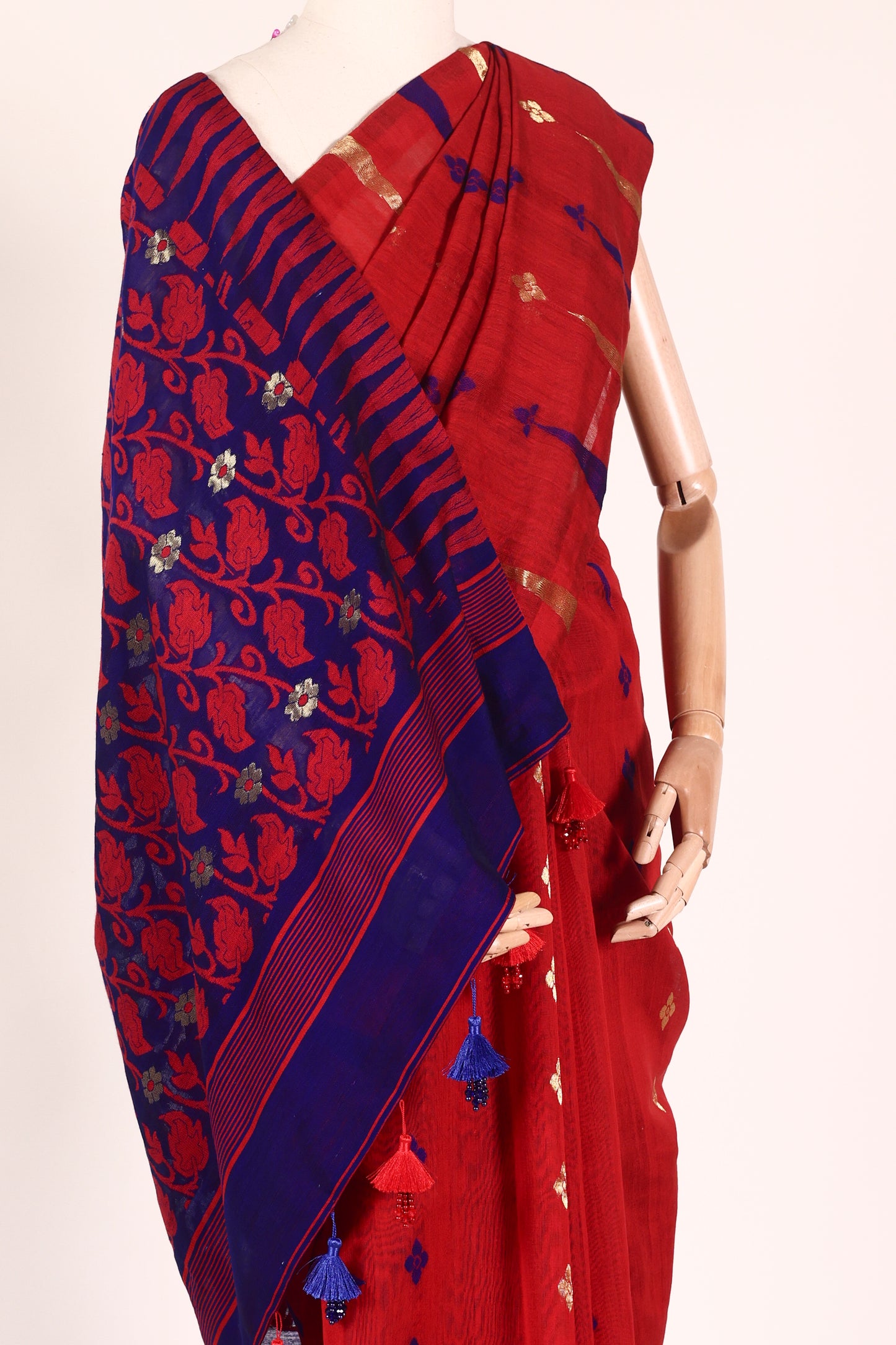 Red & Ink Blue Jamdani Chanderi Saree with Zari and Bead Tassels