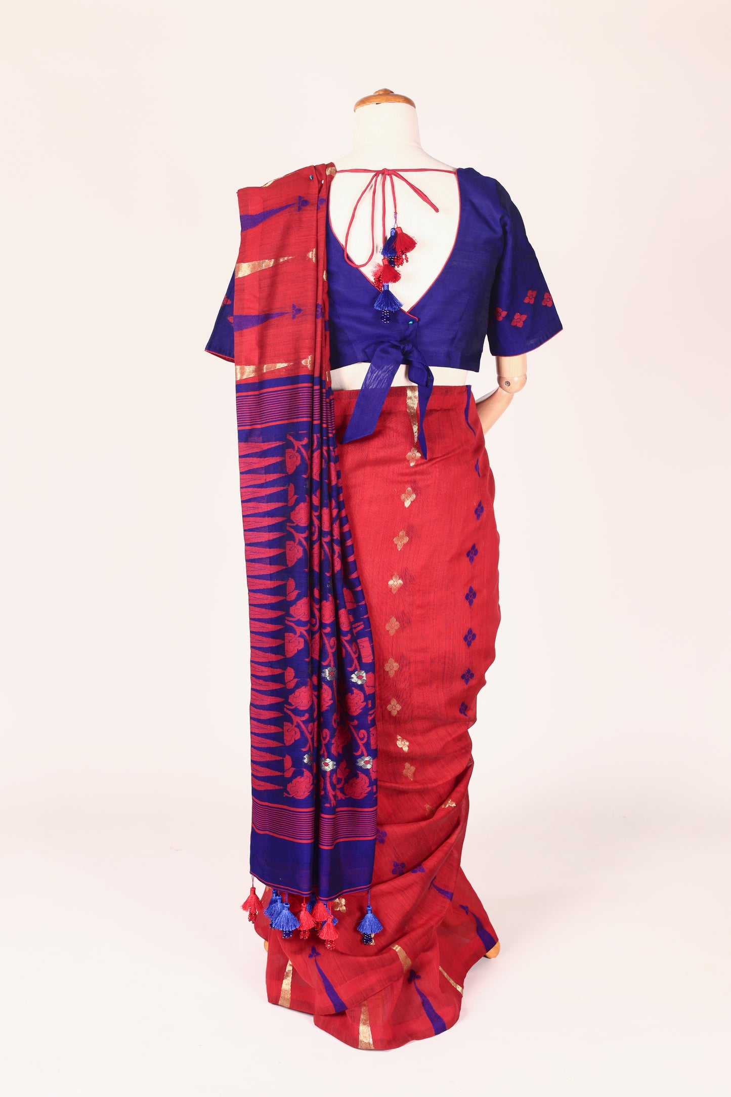 Red & Ink Blue Jamdani Chanderi Saree with Zari and Bead Tassels