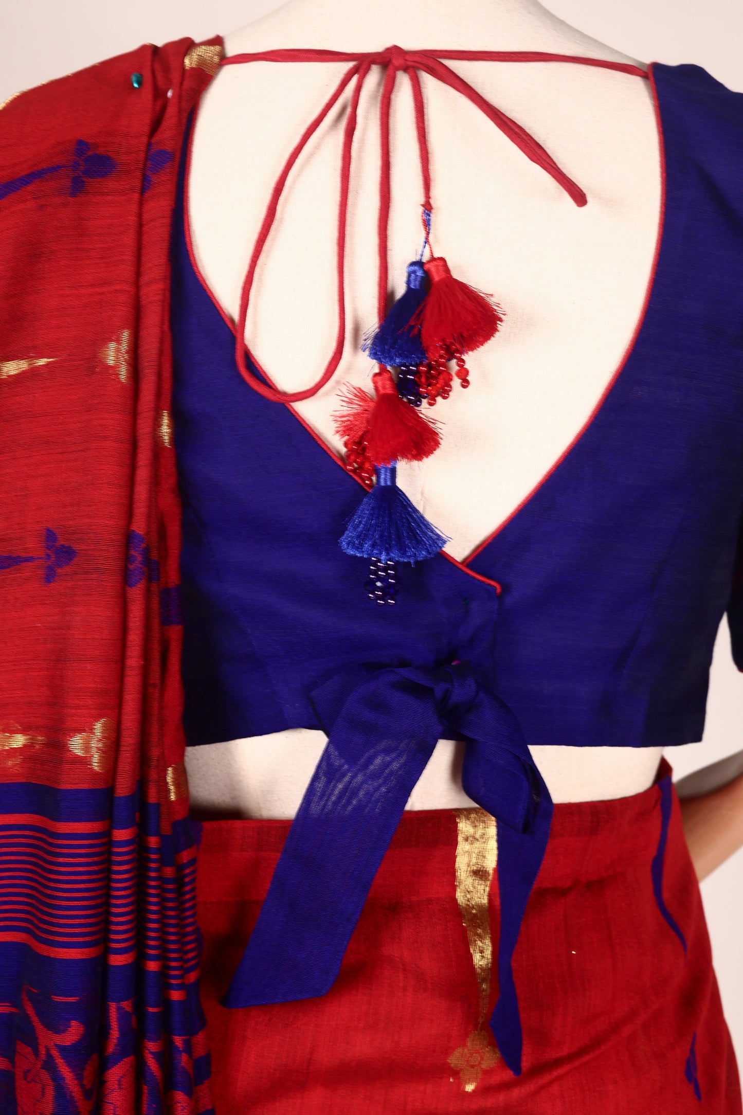 Red & Ink Blue Jamdani Chanderi Saree with Zari and Bead Tassels