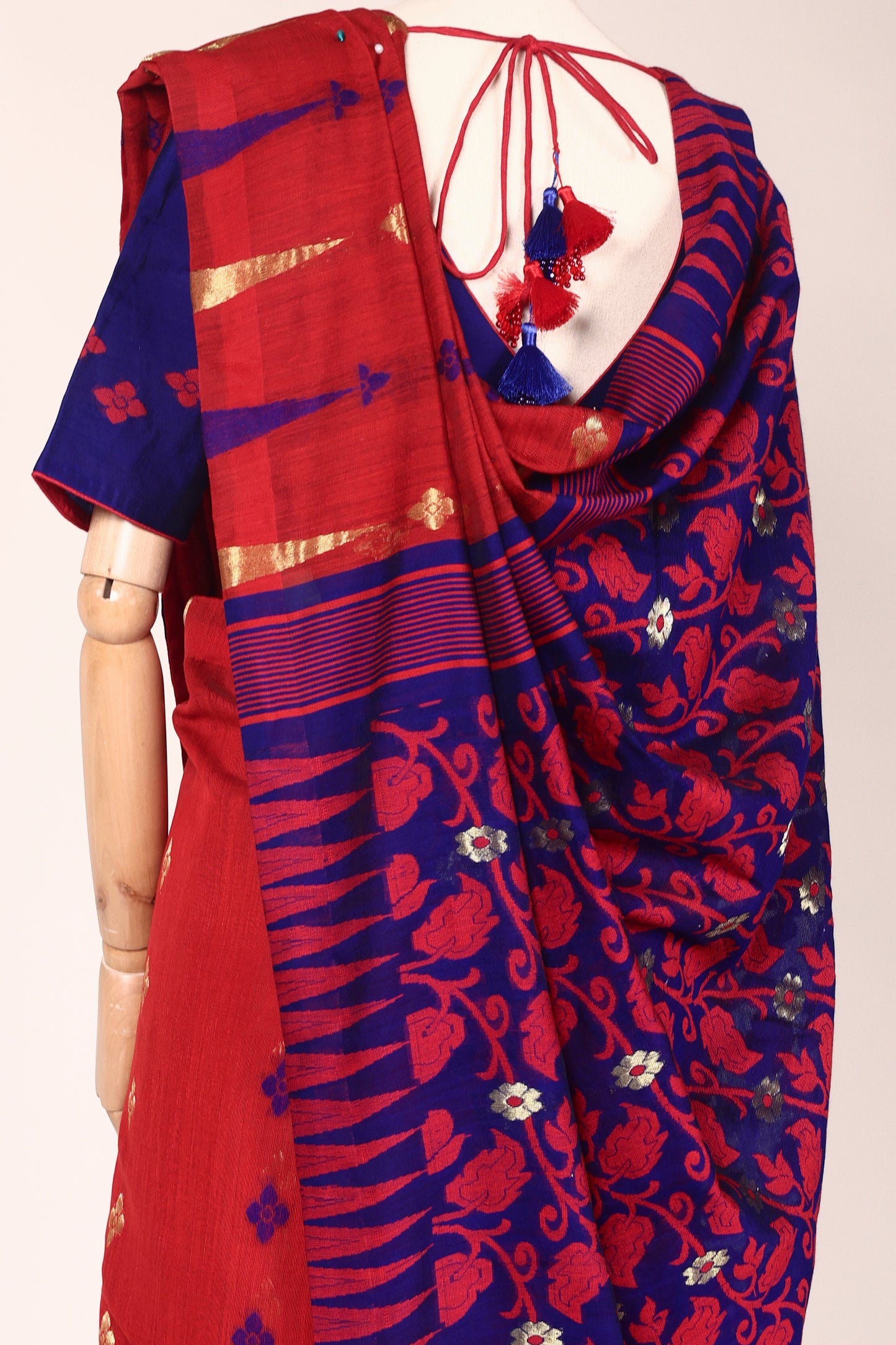 Red & Ink Blue Jamdani Chanderi Saree with Zari and Bead Tassels