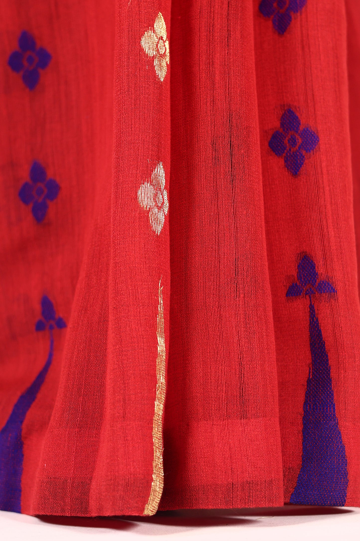 Red & Ink Blue Jamdani Chanderi Saree with Zari and Bead Tassels