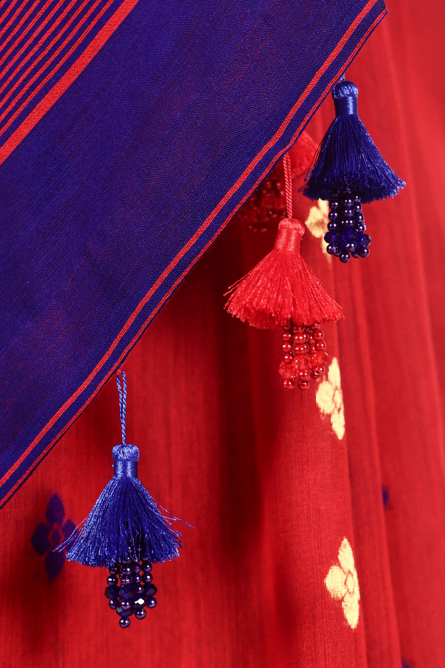 Red & Ink Blue Jamdani Chanderi Saree with Zari and Bead Tassels