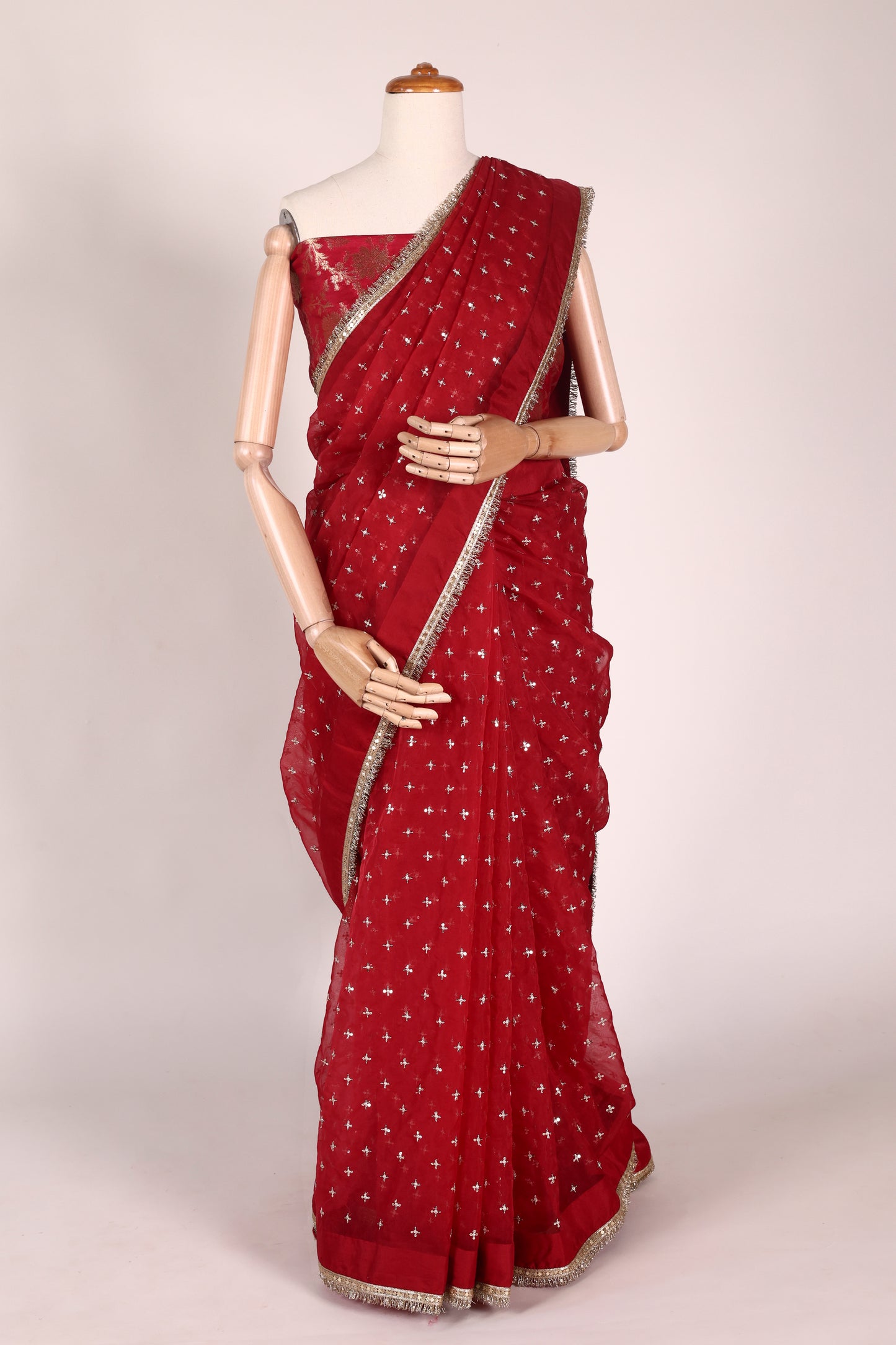 Red Embroidered Organza Saree with Mukesh Work, Fringed Lace & Tassel Accents