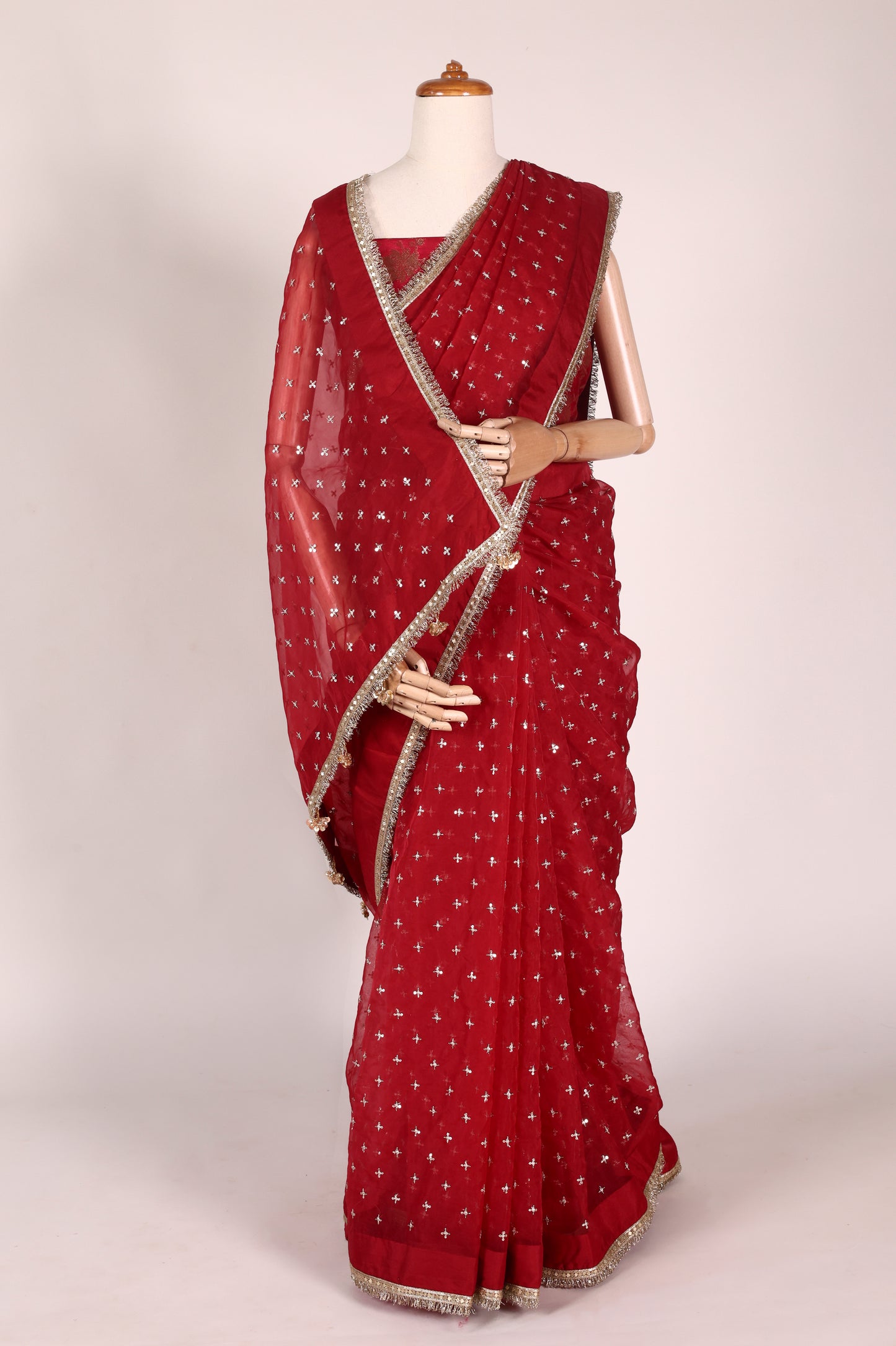 Red Embroidered Organza Saree with Mukesh Work, Fringed Lace & Tassel Accents