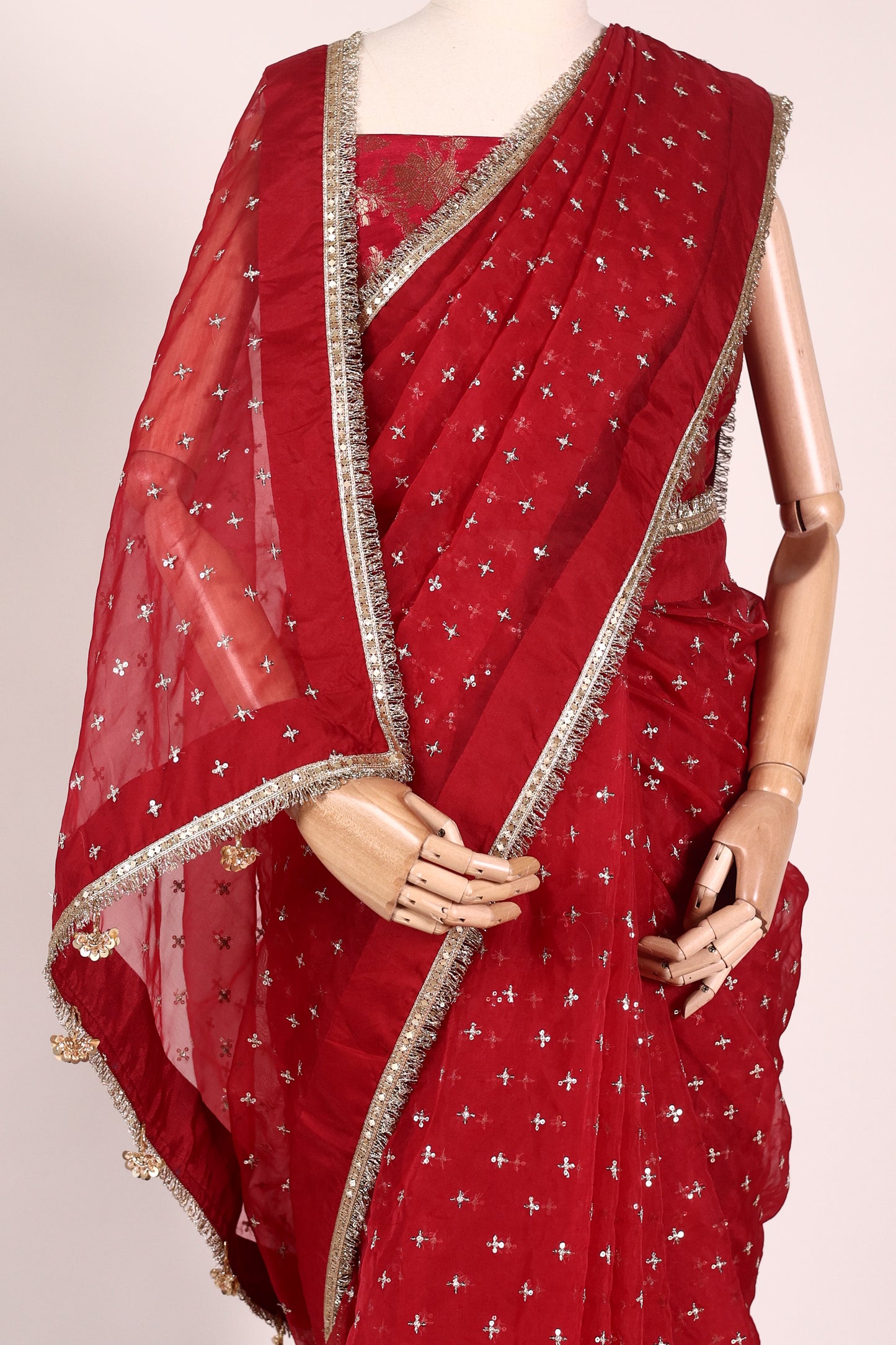 Red Embroidered Organza Saree with Mukesh Work, Fringed Lace & Tassel Accents