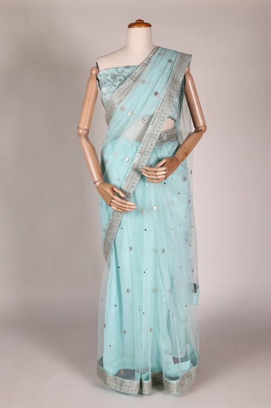 Sea Green Soft Net Saree with Mukesh Embellishment, Silver Lace & Bead Tassels