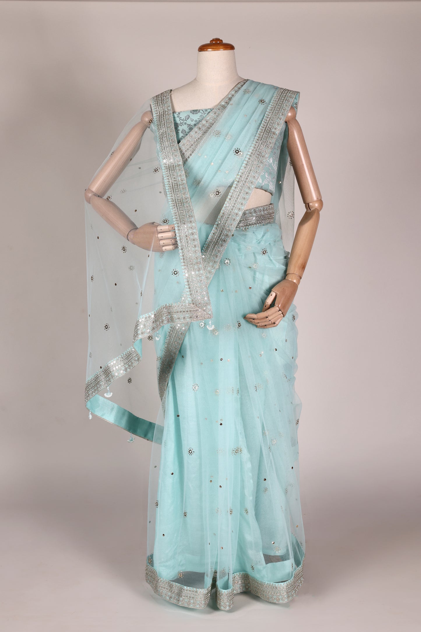 Sea Green Soft Net Saree with Mukesh Embellishment, Silver Lace & Bead Tassels