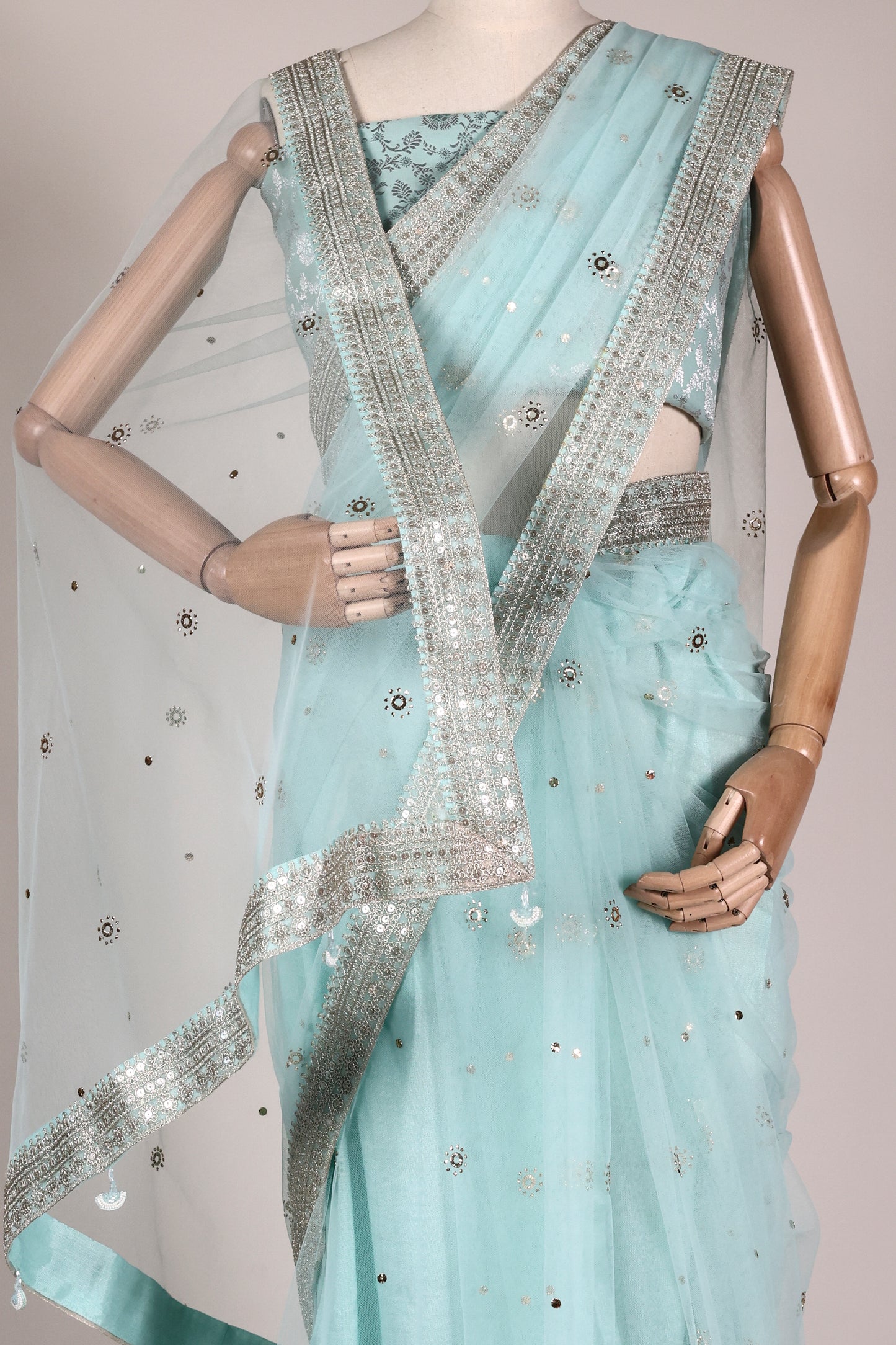 Sea Green Soft Net Saree with Mukesh Embellishment, Silver Lace & Bead Tassels