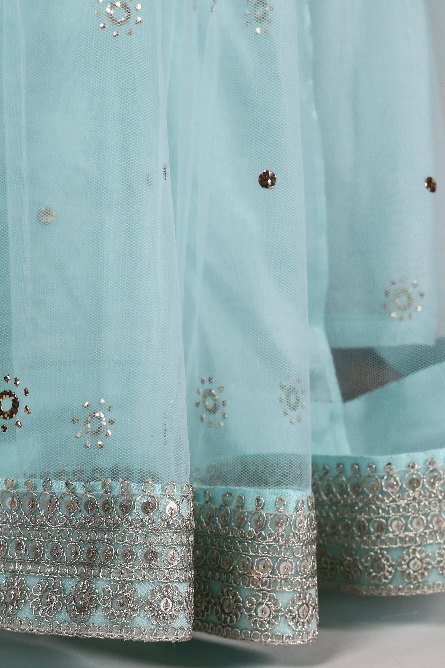 Sea Green Soft Net Saree with Mukesh Embellishment, Silver Lace & Bead Tassels