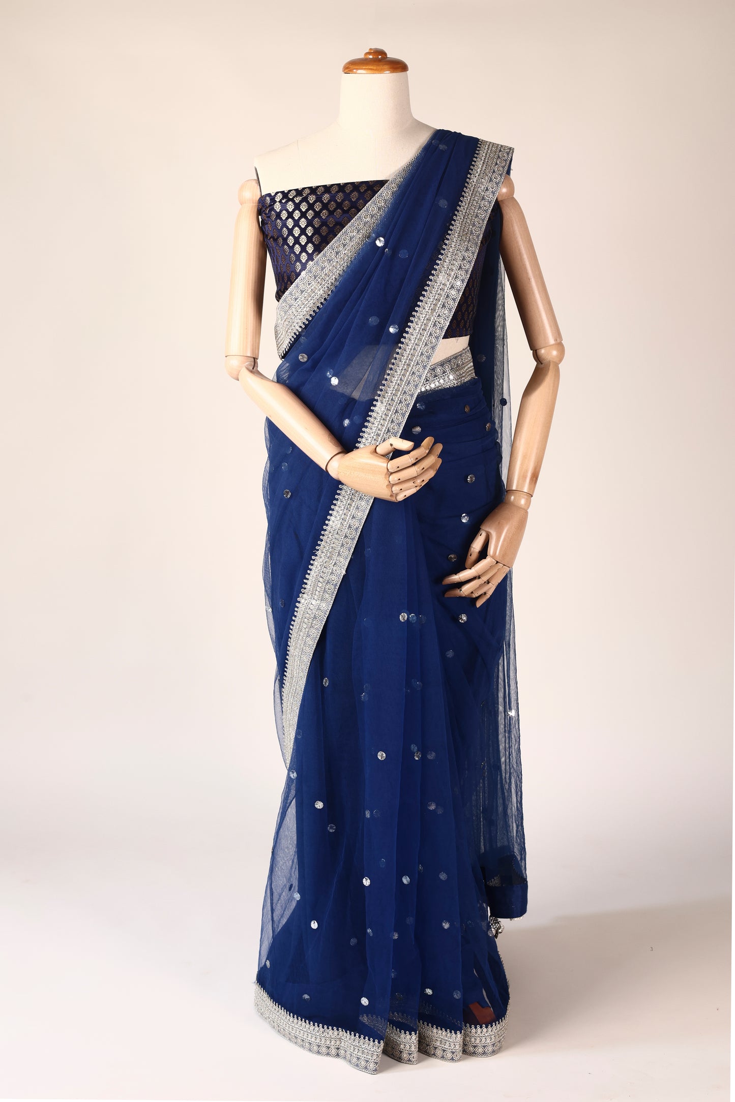Navy Blue Mukesh-Embellished Net Saree with Silver Lace & Coin Tassels