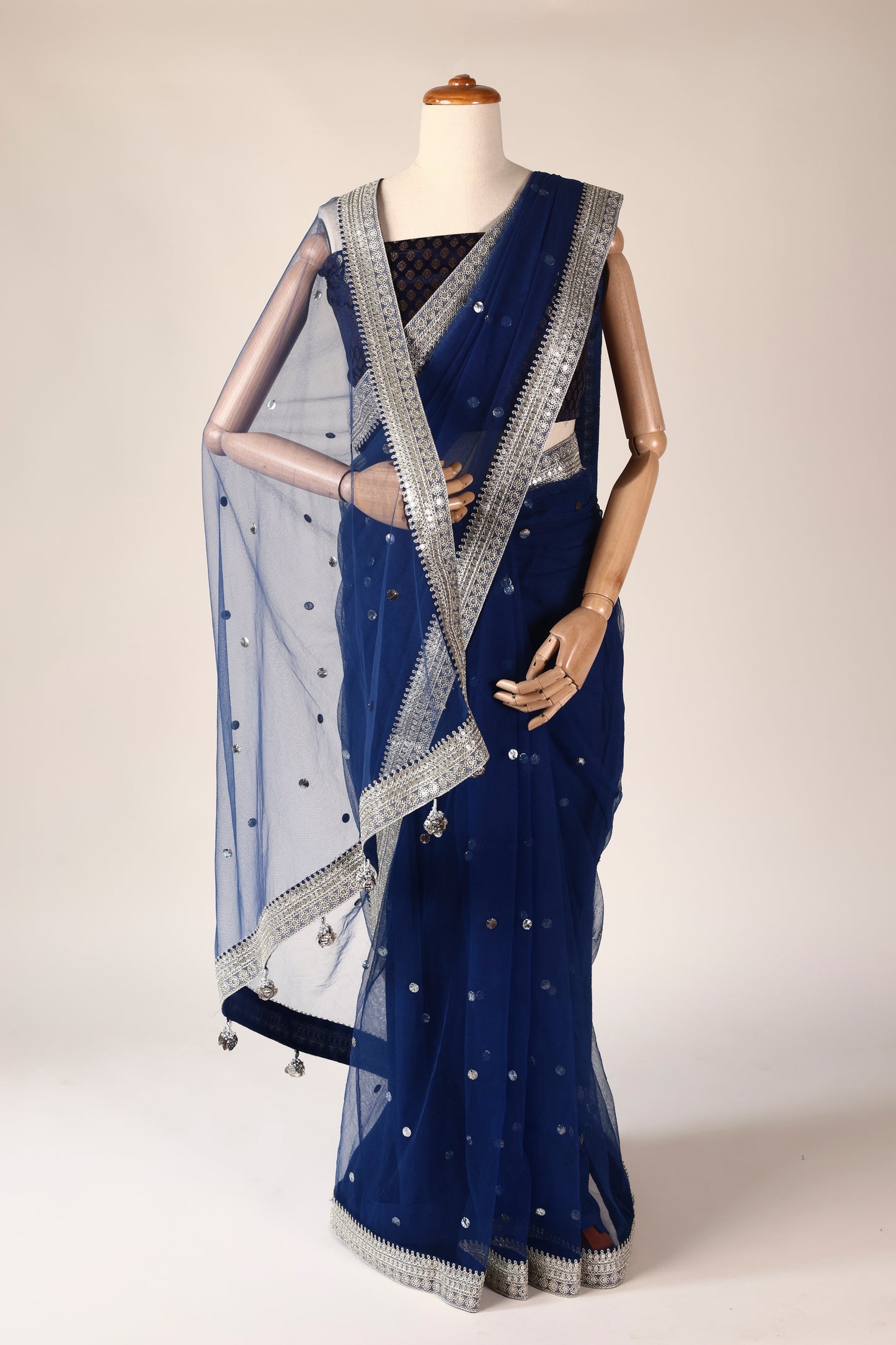 Navy Blue Mukesh-Embellished Net Saree with Silver Lace & Coin Tassels
