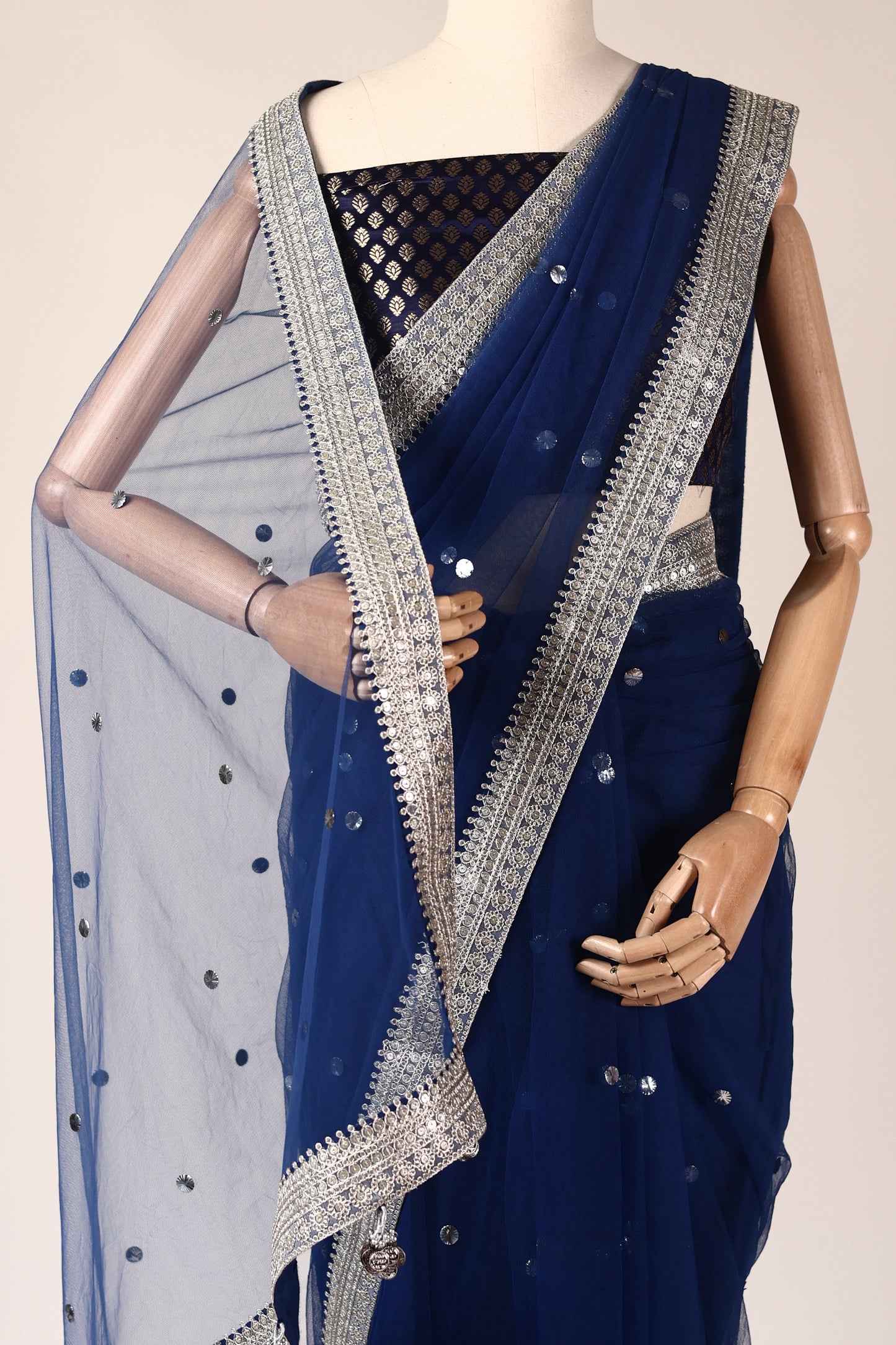 Navy Blue Mukesh-Embellished Net Saree with Silver Lace & Coin Tassels