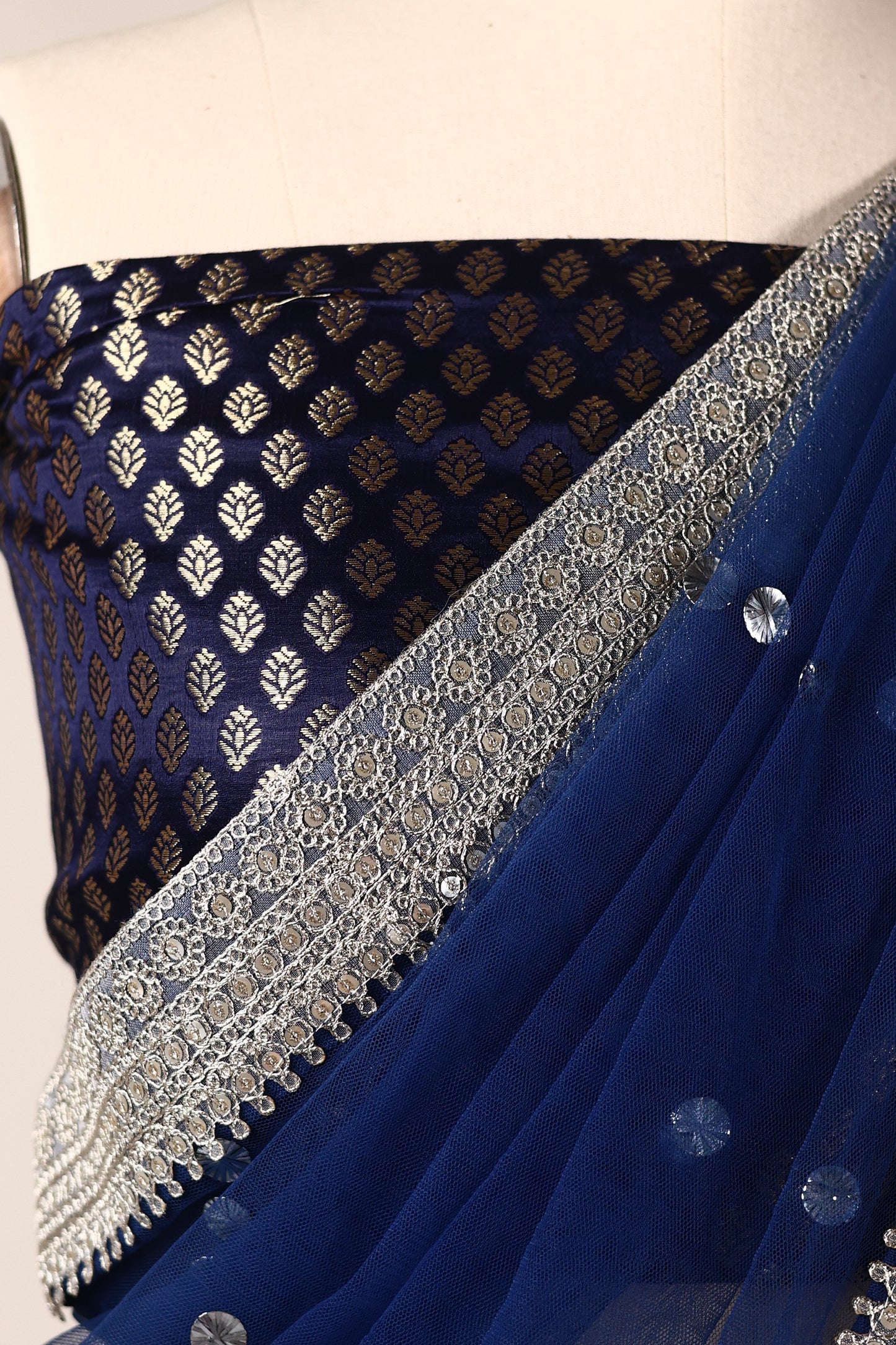 Navy Blue Mukesh-Embellished Net Saree with Silver Lace & Coin Tassels