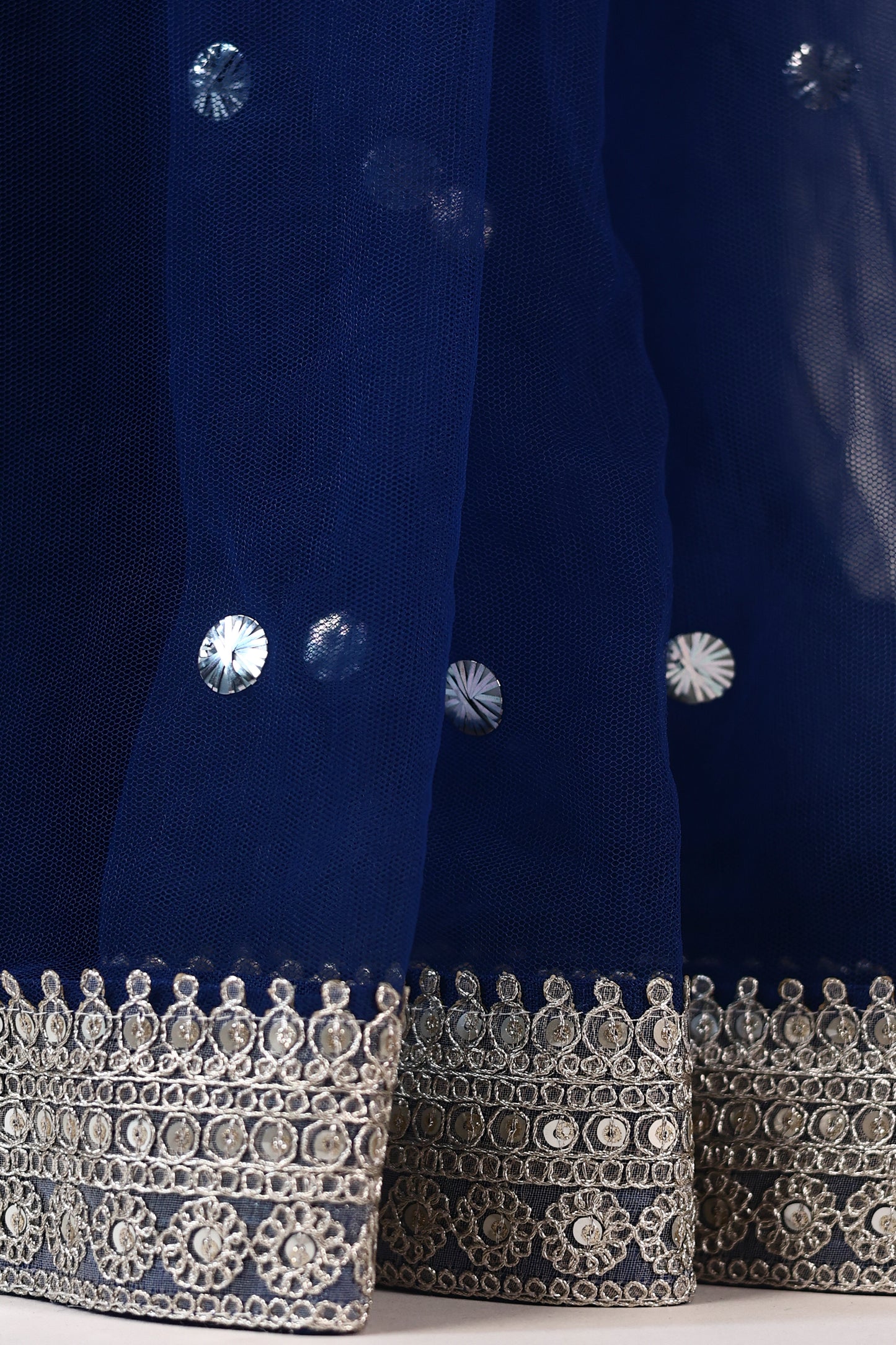 Navy Blue Mukesh-Embellished Net Saree with Silver Lace & Coin Tassels