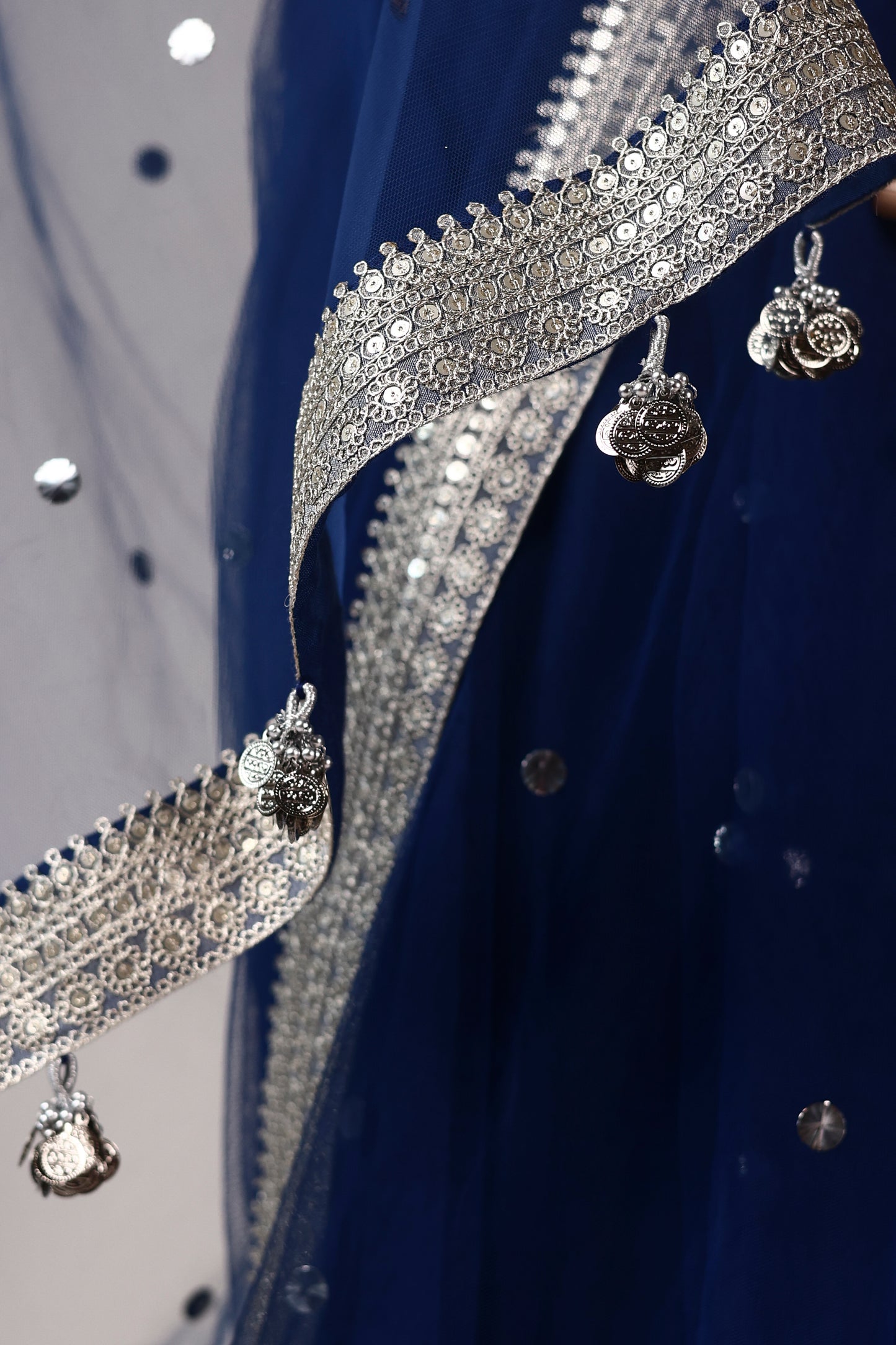 Navy Blue Mukesh-Embellished Net Saree with Silver Lace & Coin Tassels