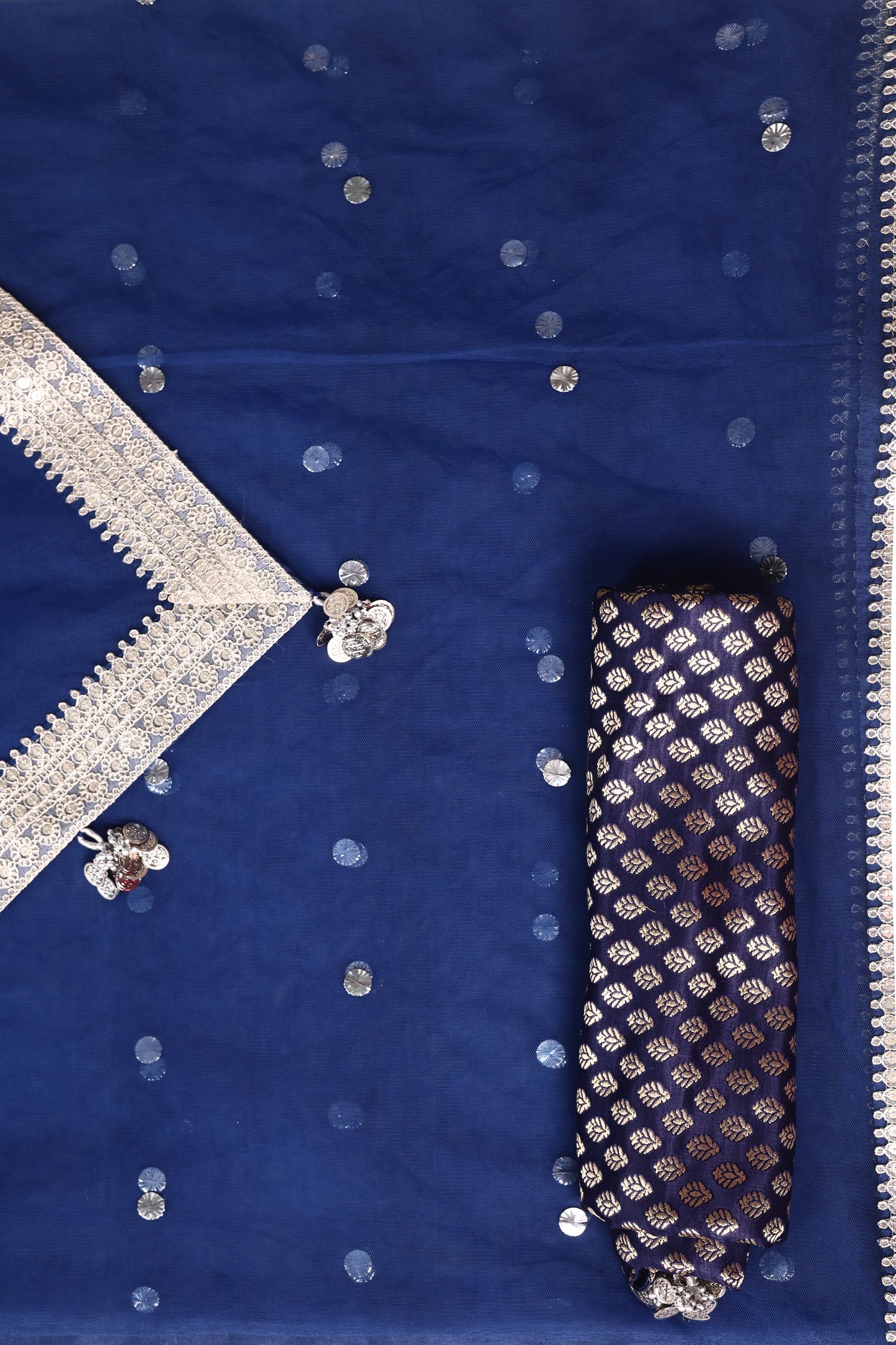 Navy Blue Mukesh-Embellished Net Saree with Silver Lace & Coin Tassels