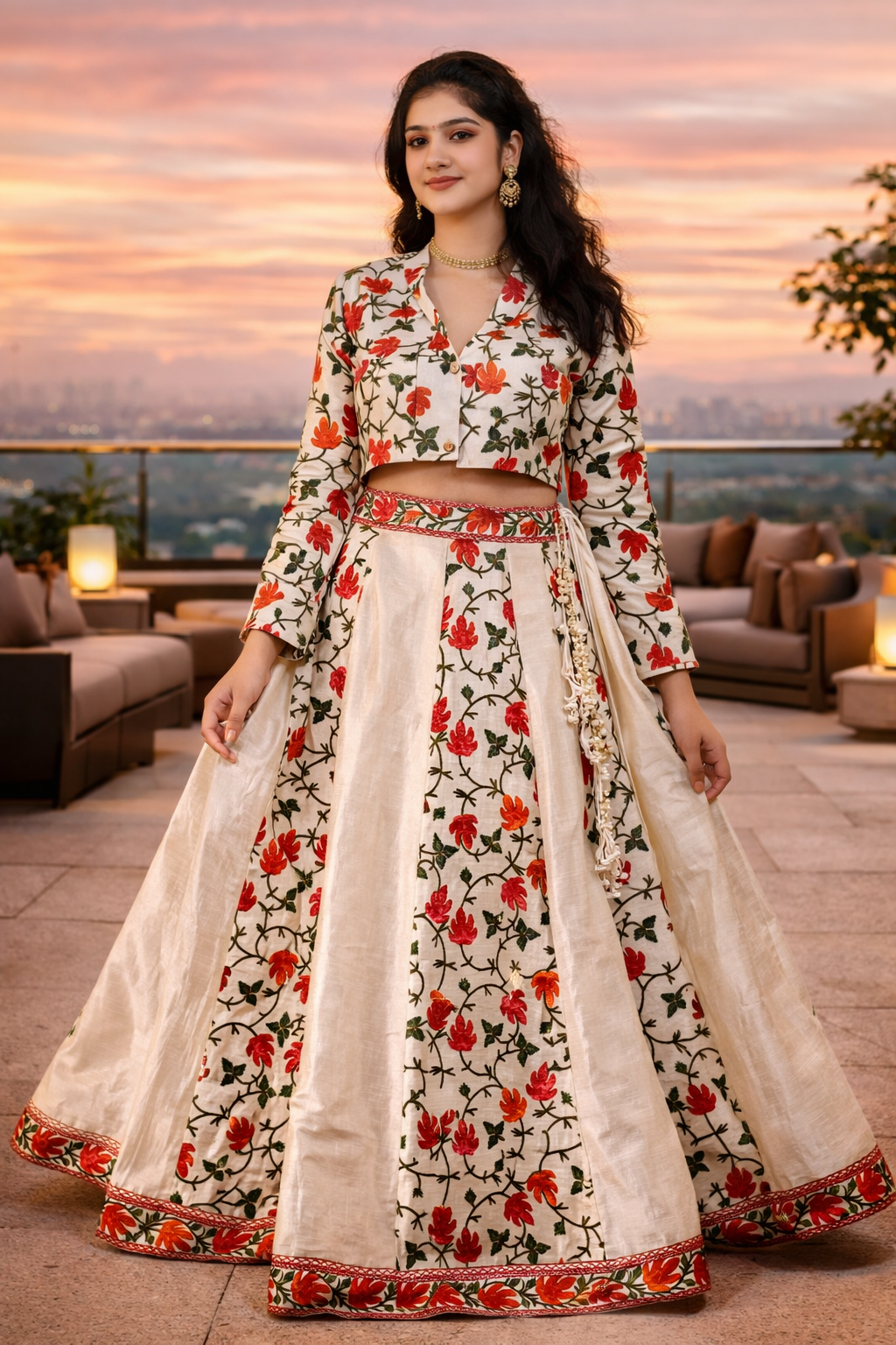 Cream Kashmiri Aari Work Panel Skirt with Jacket Style Crop Top