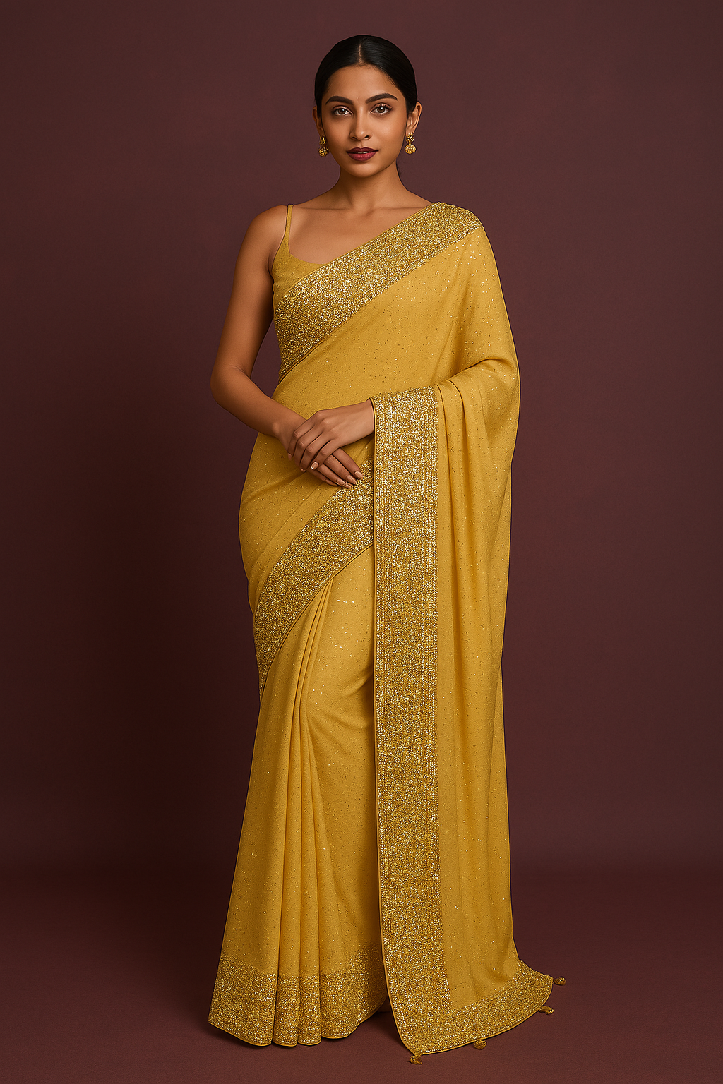 Lemon Yellow Shimmer Suede Satin Saree with Swarovski Highlights